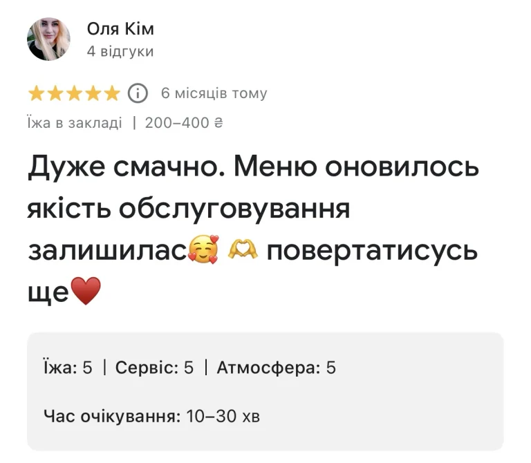 Відгук гостя з Google Maps — Оля Кім